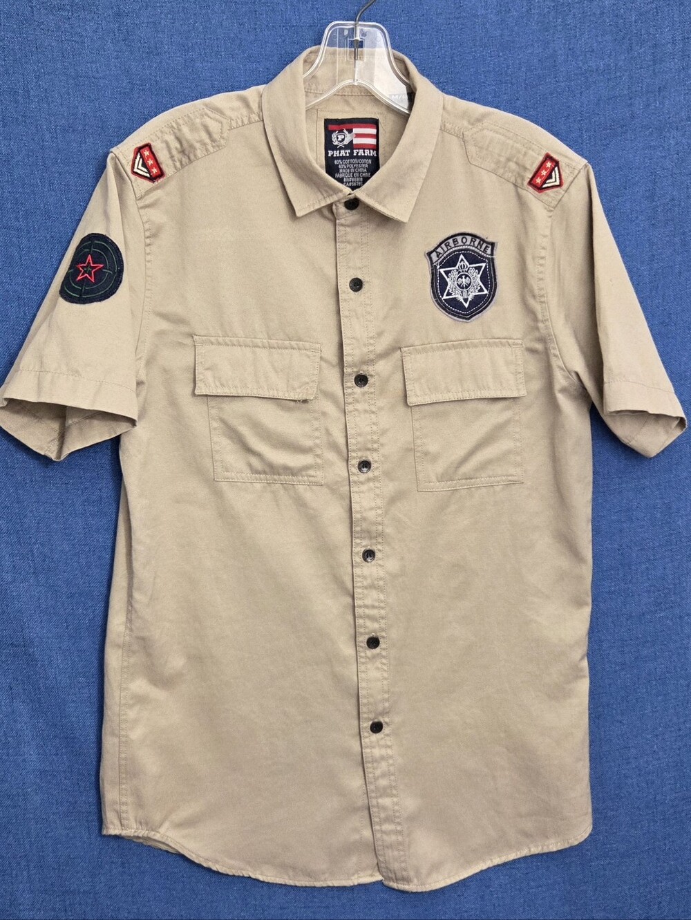 Vintage Y2K Phat Farm Men's Tan Military Patch Button Up Shirt Airborne M